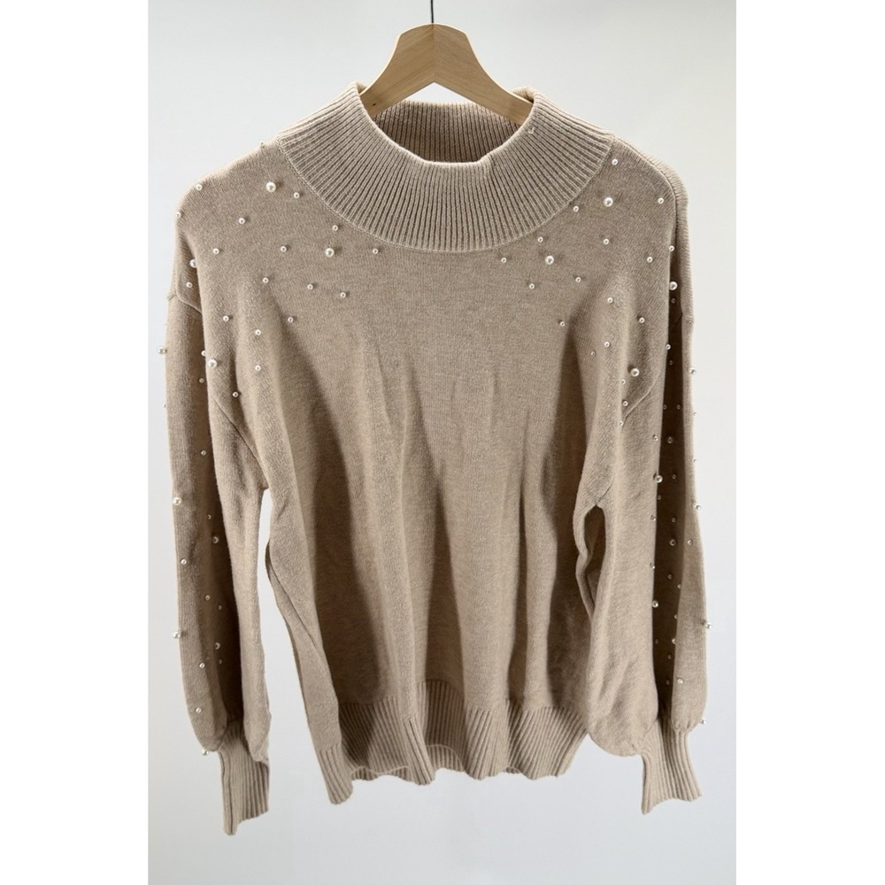 Avenue Women's Pearl Ribbed Beige Long Sleeved Mock Neck Sweater Size 14 / 16
